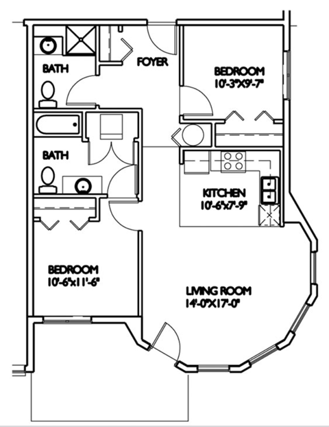Floor plan for 2 beds, 2 baths, 845 sqft